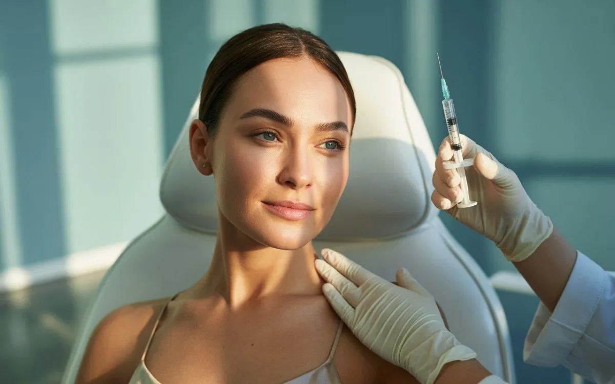 Woman receiving Botox consultation in a med spa setting, preparing for injection treatment with a calm and confident expression.