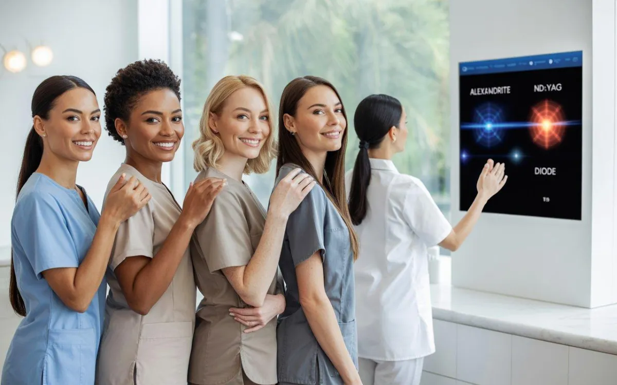 Women of diverse skin tones standing together in a med spa while a technician presents Alexandrite, Nd:YAG, and Diode laser options on a digital screen.