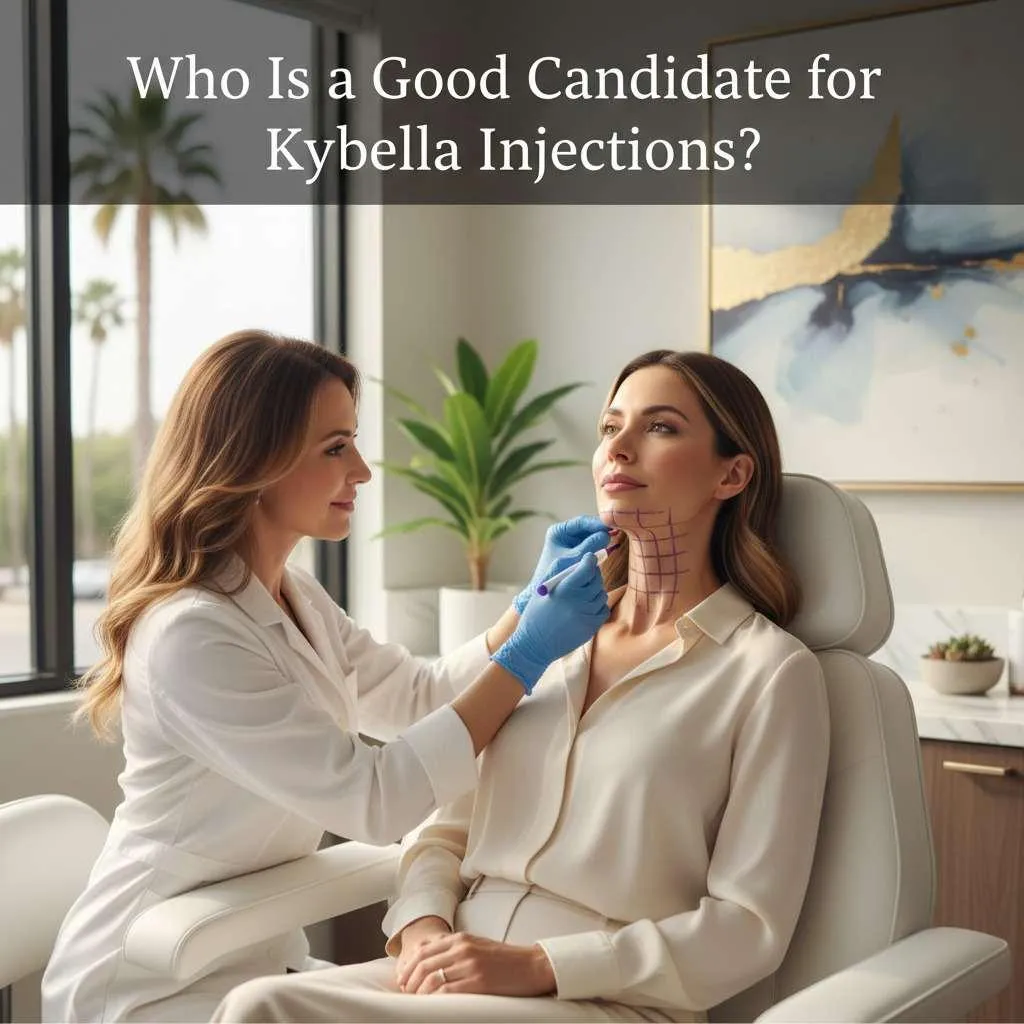 A woman receiving Kybella chin injection at a Levogue med spa to reduce submental fat and achieve a defined jawline.