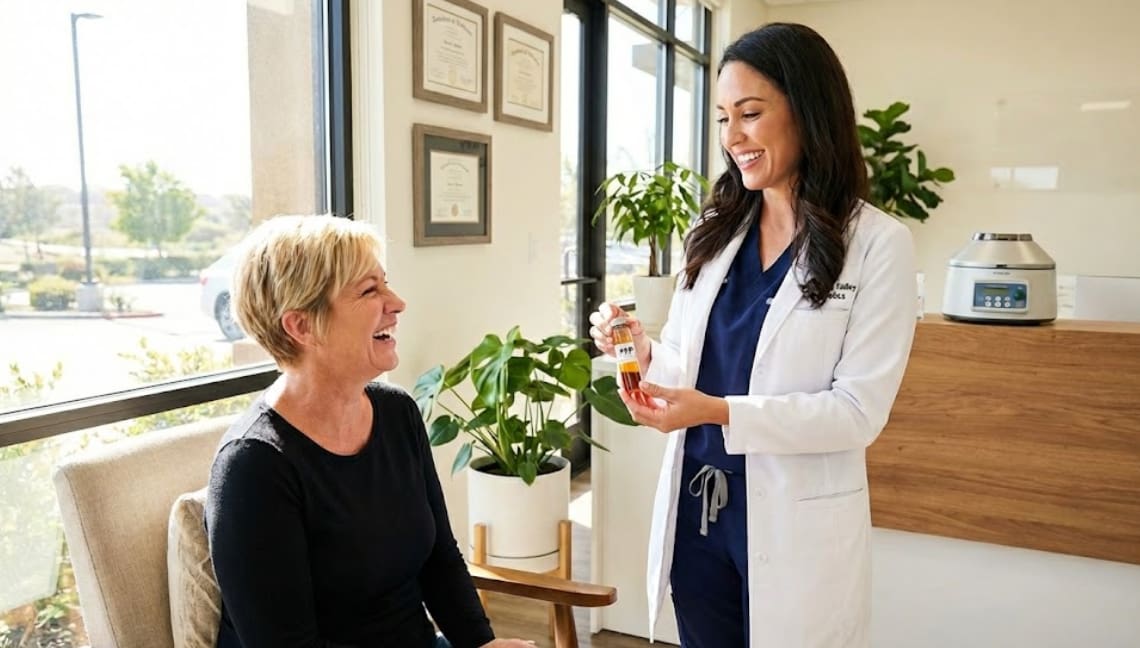 A female medical specialist consulting with a patient in a bright Temecula clinic room regarding PRP therapy options and care.