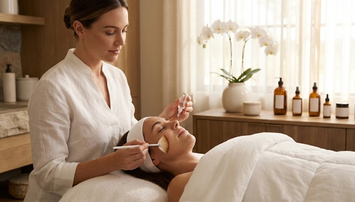 A woman receiving a professional chemical peel facial treatment at a luxury Temecula med spa for radiant skin results.
