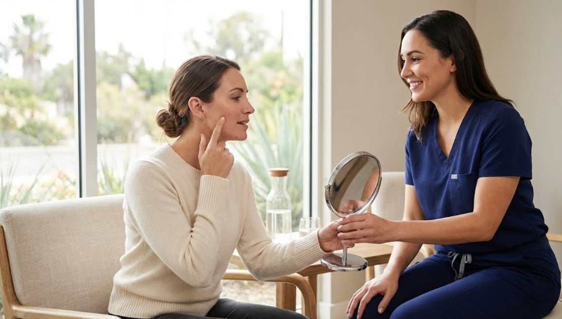 A woman consulting with a skincare professional at a Temecula medical spa about chemical peel suitability for her skin concerns.
