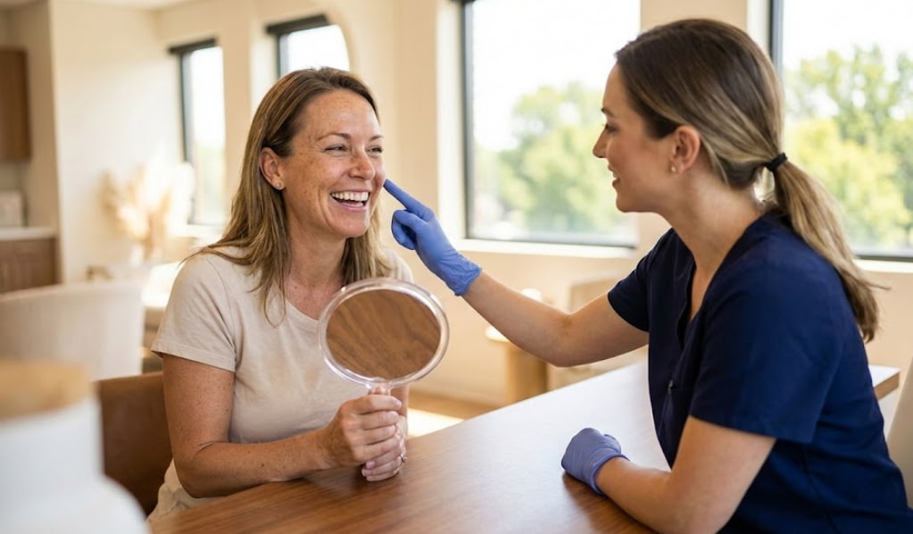 A potential client discussing their skin concerns with a specialist during a consultation to see if they are a good candidate for laser skin resurfacing in Temecula.