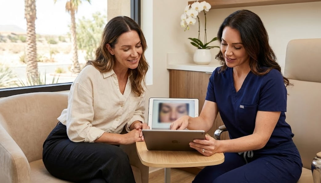 A client discussing PDO thread lift pricing and treatment plans during a professional consultation at LeVogue Med Spa in Temecula.