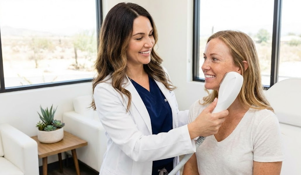A woman in Temecula receives a skin consultation for IPL treatment to target sun damage and pigmentation at LeVogue Med Spa.