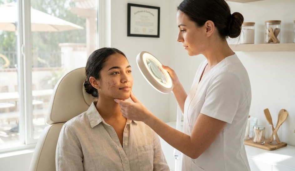 A young woman receiving a professional skin assessment from a specialist at LeVogue Med Spa to determine if she is a candidate for an acne facial treatment.
