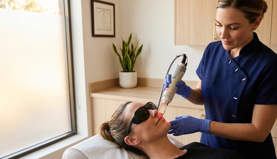A client undergoing a professional laser treatment for hyperpigmentation and sun damage at a modern medical spa in Temecula.