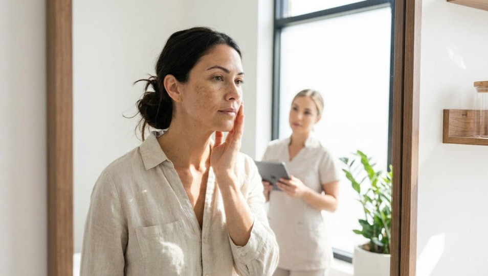 A woman examining her sun spots and skin tone during a hyperpigmentation consultation at a professional medical spa in Temecula.