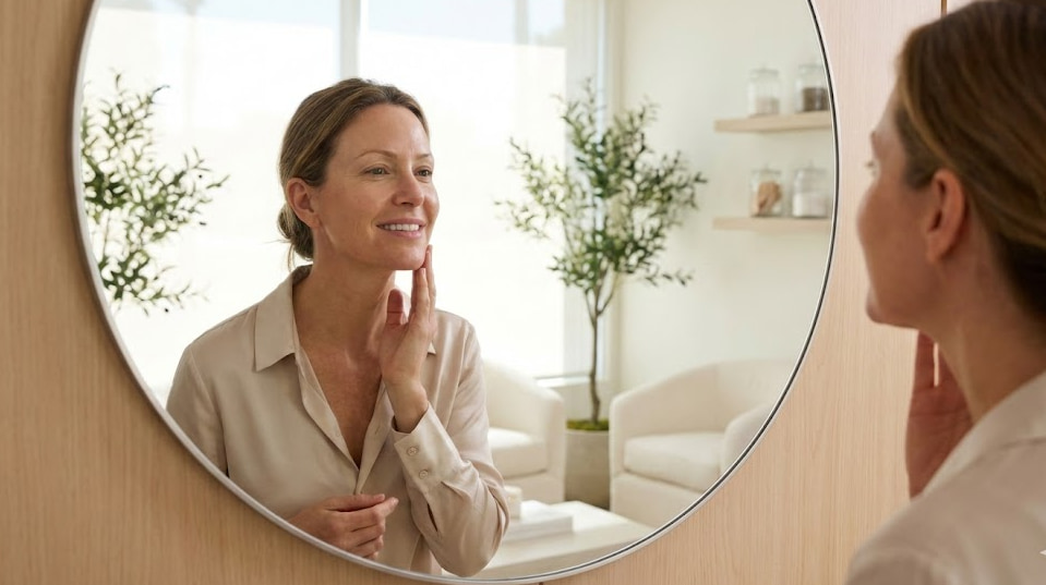 A woman in her 40s admiring her firm jawline and rejuvenated skin in a mirror, representing an ideal candidate for non-surgical skin tightening.