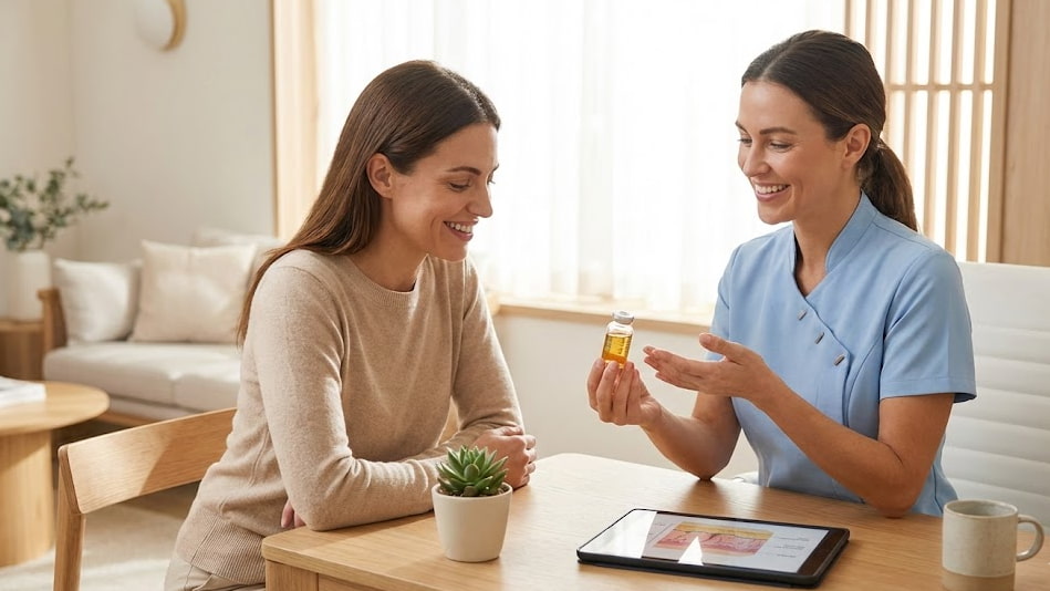 A LeVogue Med Spa specialist explaining the natural benefits of Platelet-Rich Plasma (PRP) therapy to a new patient during a consultation in Temecula.