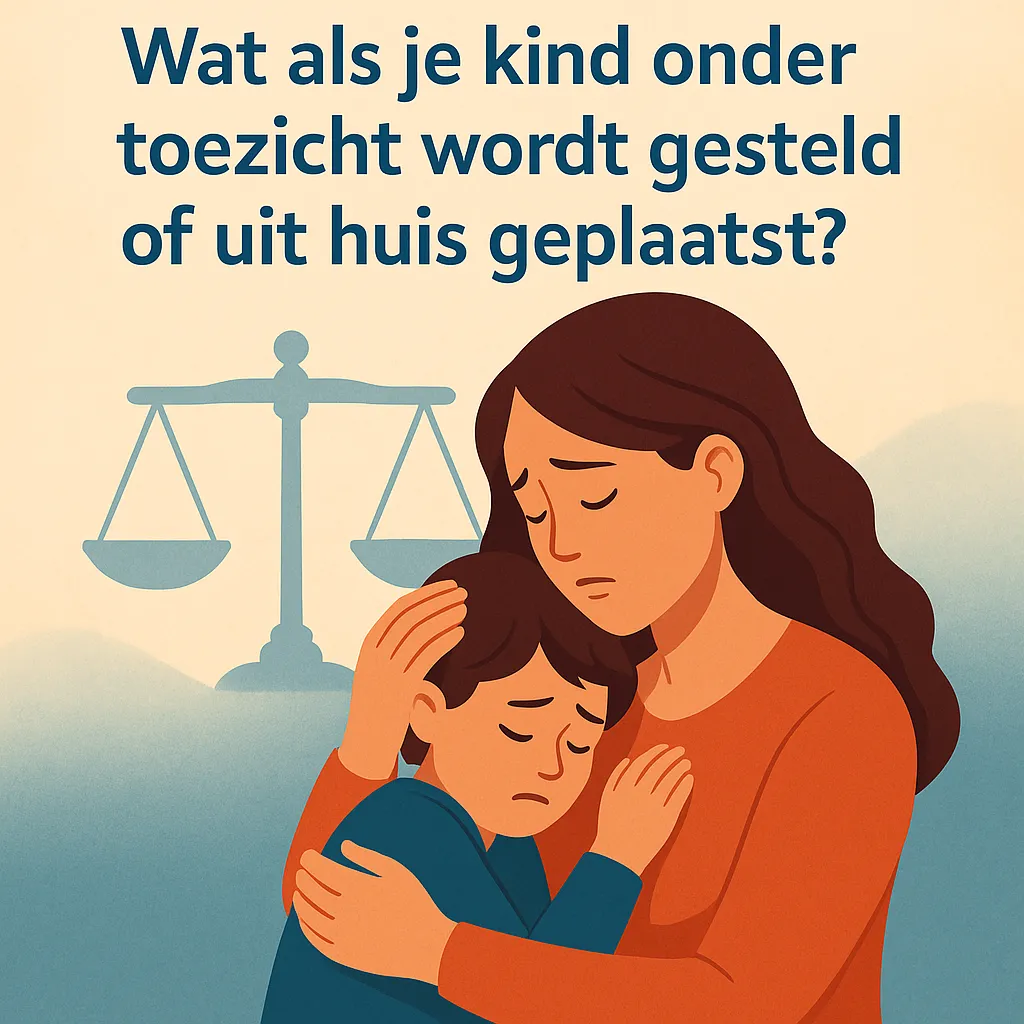 Moeder houdt haar kind vast onder een symbolische weegschaal met de tekst: 'Wat als je kind onder toezicht wordt gesteld of uit huis geplaatst?' – illustratie over jeugdbescherming.