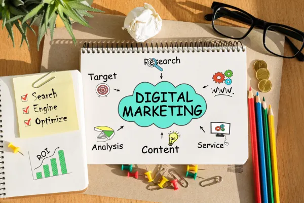 AI-powered elements assisting in social media advertising, symbolizing AI's value for small businesses.