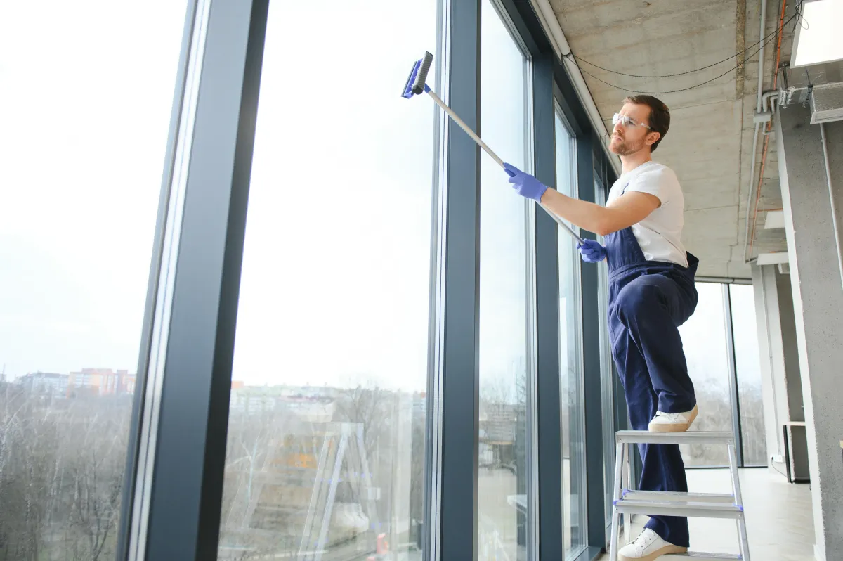 professional using a ladder to cleaning a window in a office