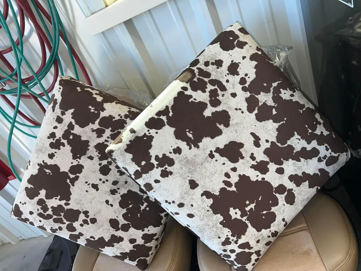 Cow spot pattern pillows outside