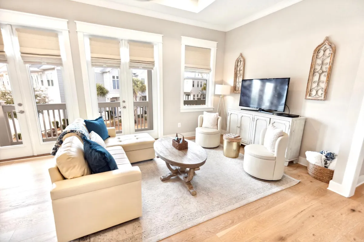 Comfy living room with smart tv and balcony