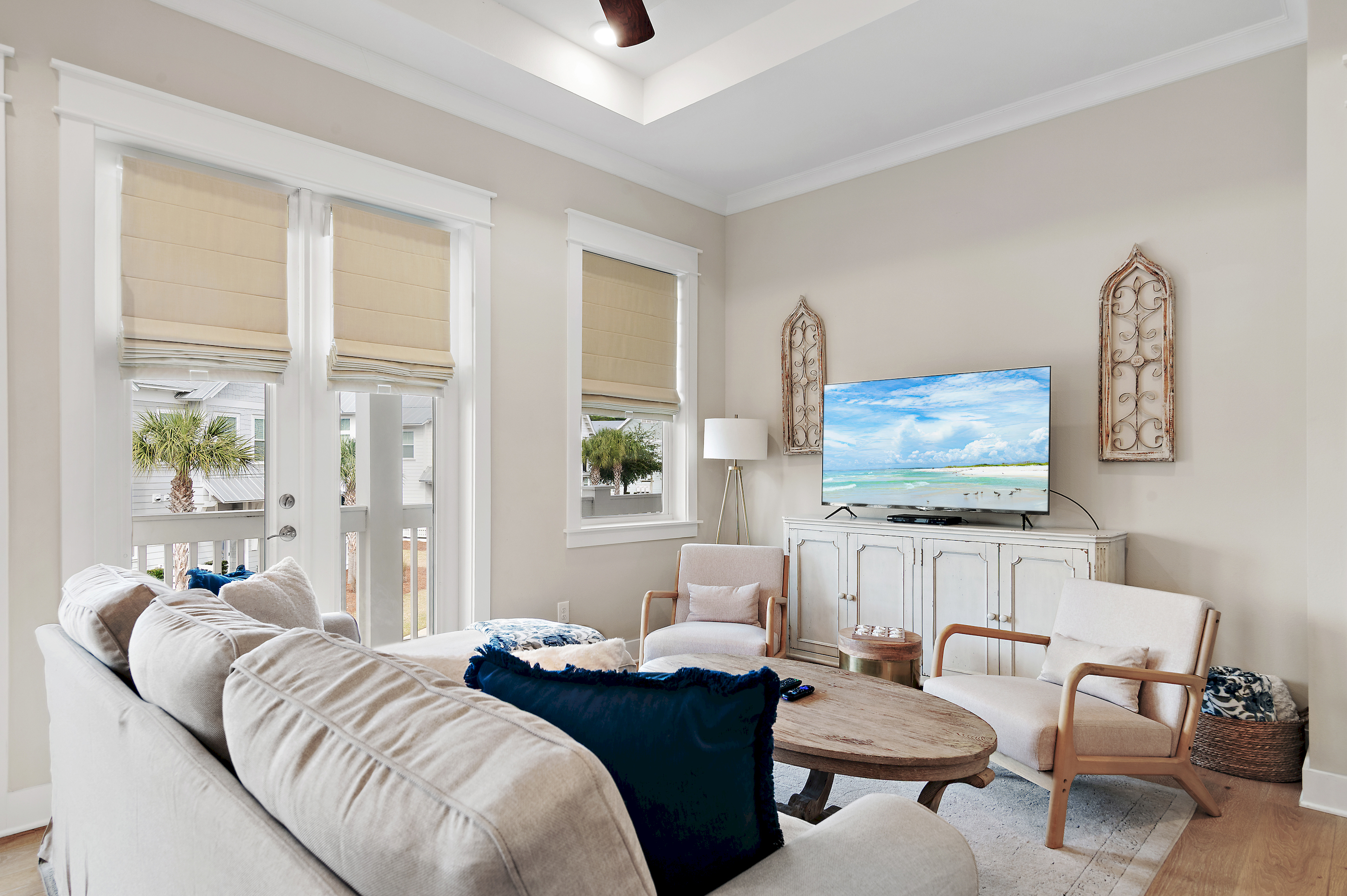 Comfy living room with smart tv and balcony