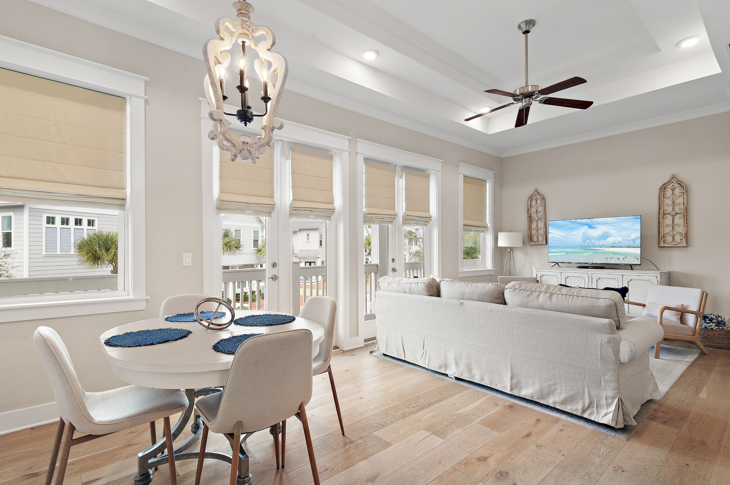 Open living room, kitchen, and dining area