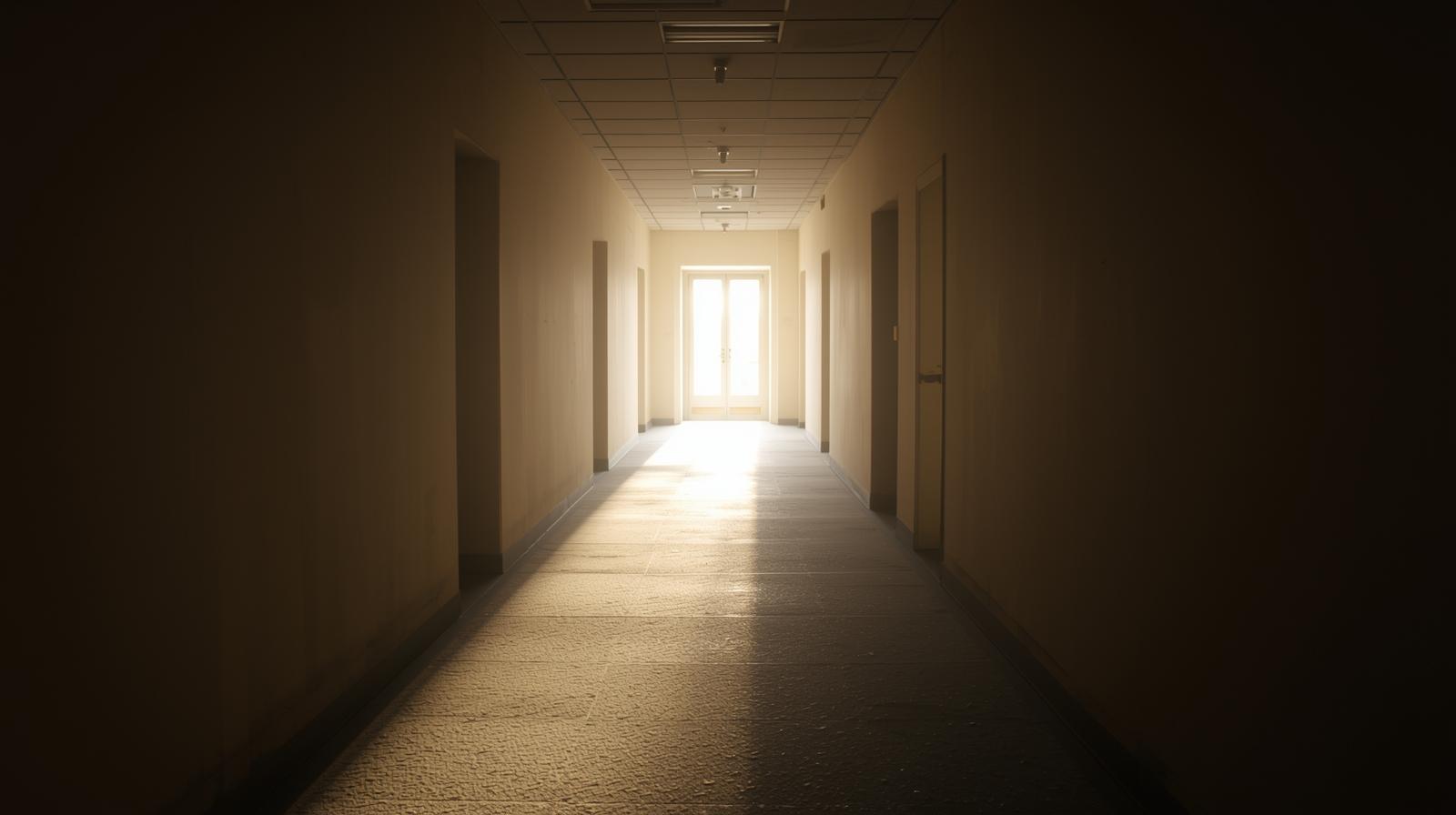 an empty hallway with light spilling in from a door