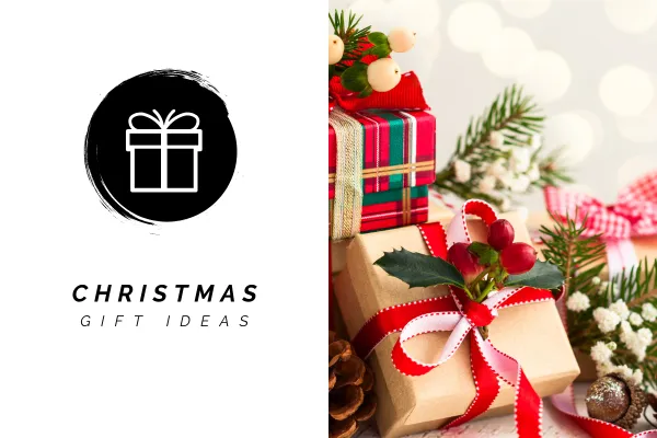 CHRISTMAS GIFT IDEAS WITH ICON OF A PRESENT ON A BLACK CIRCLE