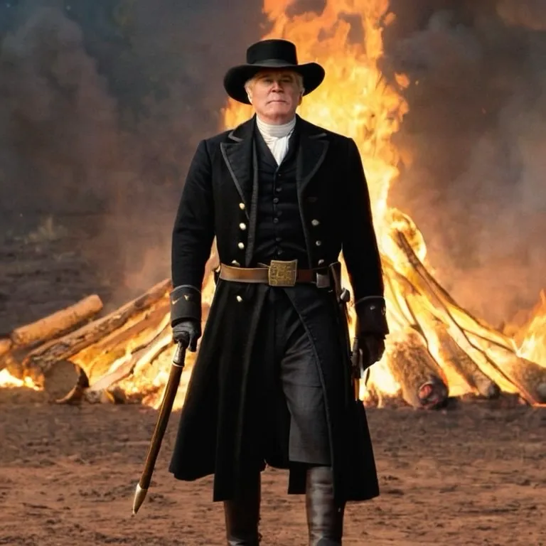 Man in old revolutionary style clothes walking with a bon-fire behind him