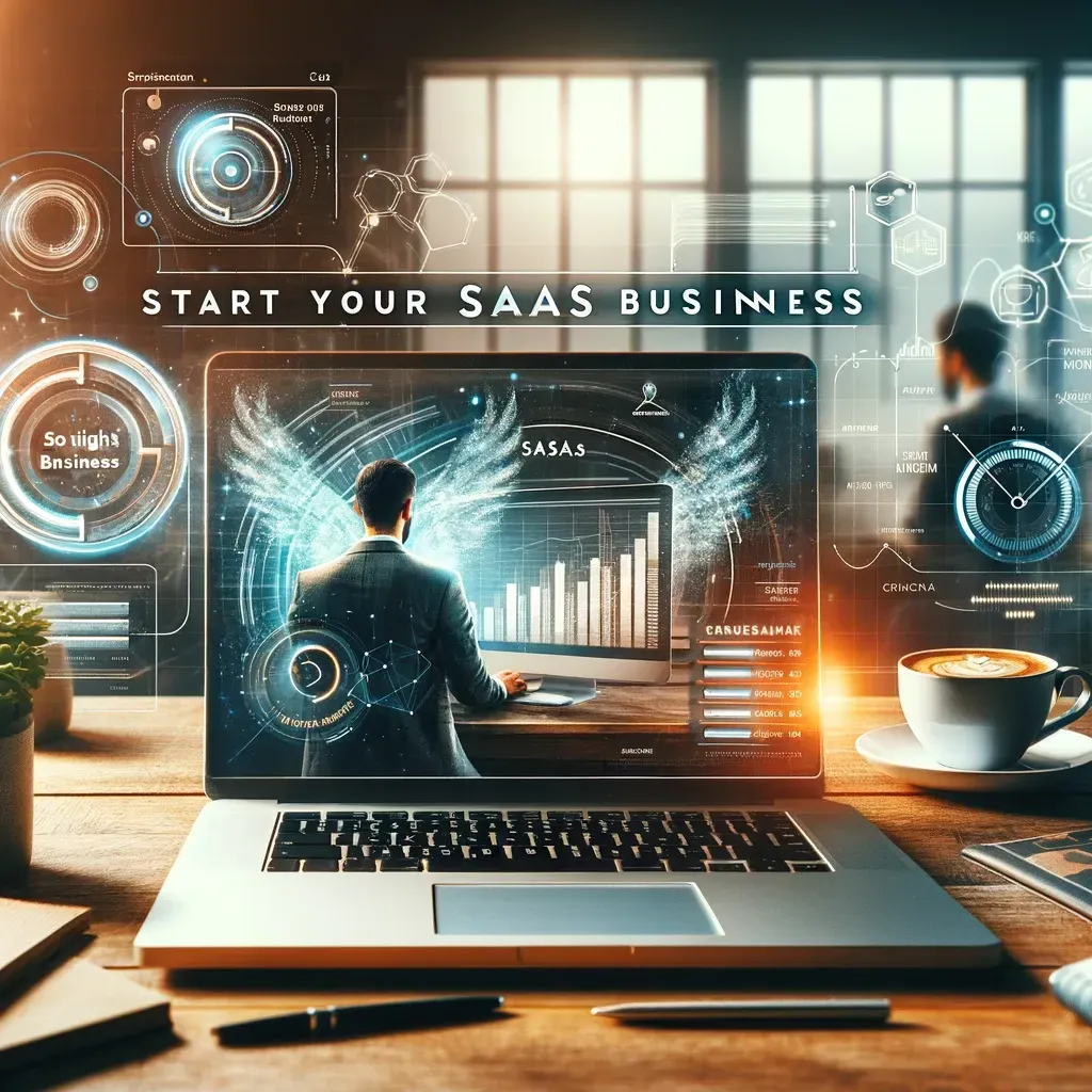 Person working on a laptop with a SaaS business dashboard, in a modern office setting. Text reads: 'Start Your SaaS Business with Go-High-Level'.