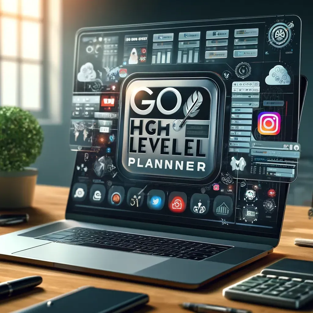 A laptop displays a social media calendar and scheduling tools. Social media icons surround the workspace. The text "GoHighLevel Social Planner" is prominent, showcasing efficient social media management and planning.