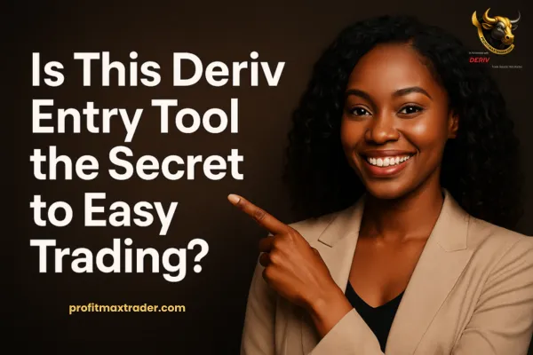 Smiling African woman pointing at “Deriv Entry Tool” title on a clean, modern thumbnail.