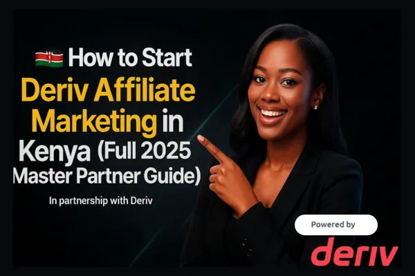 “African woman pointing at Deriv Affiliate Marketing Kenya 2025 guide title.”