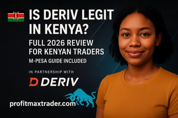 Deriv Kenya 2026 review cover image with Kenyan trader, Kenyan flag, ProfitMaxTrader.com, and “Is Deriv Legit in Kenya” title.
