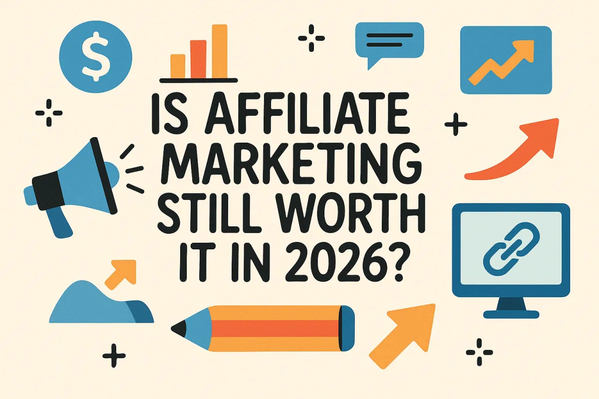 “Is affiliate marketing still worth it in 2026? Modern illustration showing online business growth, digital marketing tools, and income opportunities.”