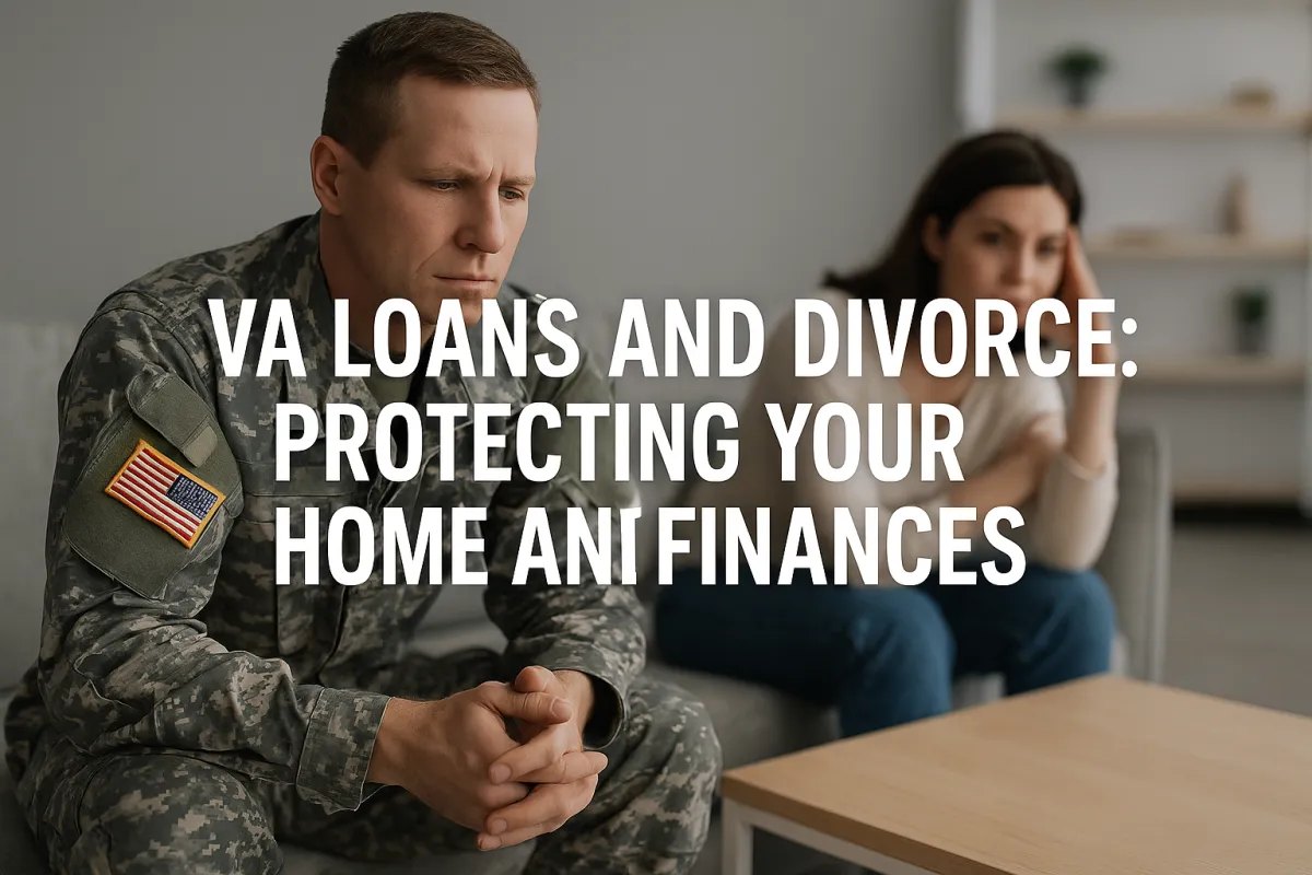 Stressed military veteran and spouse sitting apart on couch, symbolizing VA loan concerns during divorce.