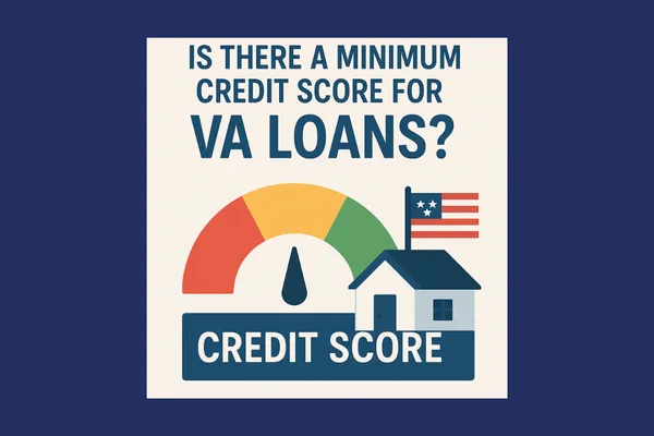 Graphic showing credit score gauge and house with American flag, asking if there is a minimum credit score for VA home loans.