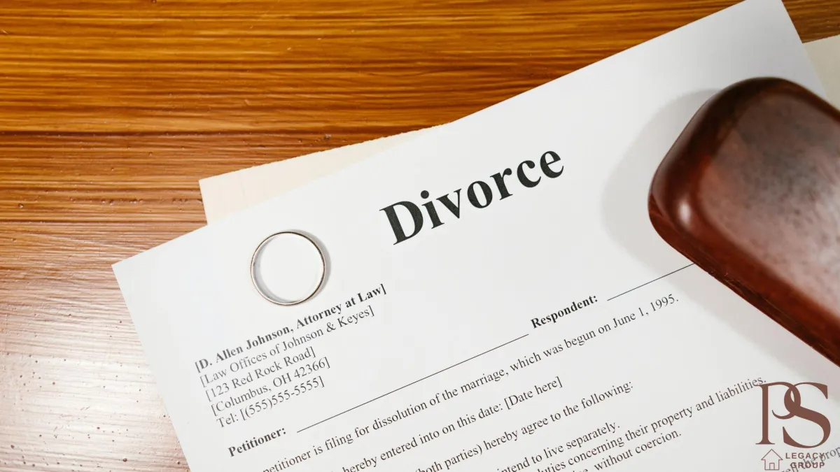 Image of a divorce document with a hammer, representing the legal aspect of property division after divorce.