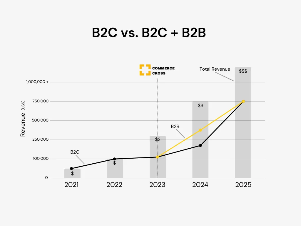 Graph comparing revenue growth from B2C alone versus combined B2C and B2B efforts, showing significant increase in total revenue from 2021 to 2025 when B2B is included.