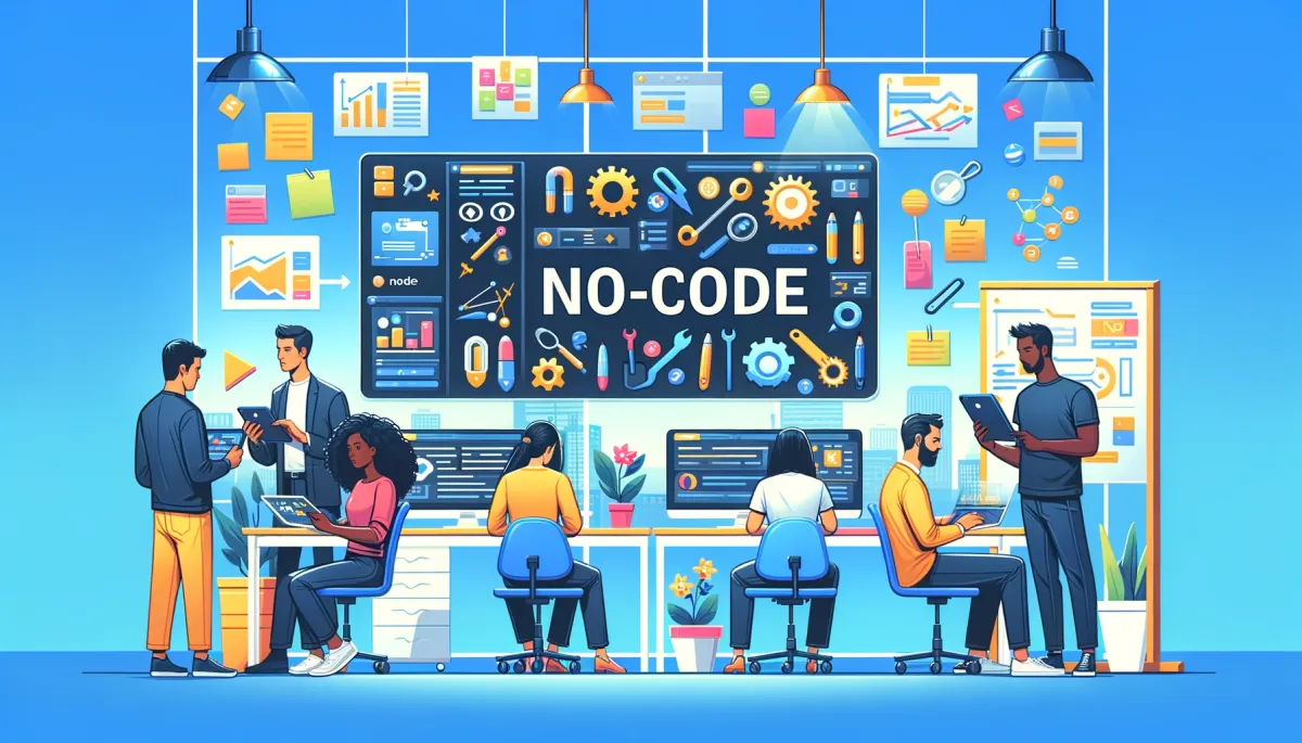 "A digital illustration depicting a diverse group of entrepreneurs in a modern office setting, engaging with various no-code tools. The scene includes a Black woman reviewing criteria on a tablet and a Caucasian man at a computer, surrounded by elements like whiteboards and sticky notes. The phrase 'No-Code Tools' is prominently featured, encapsulating the theme of innovative and collaborative tech solutions in the startup world."