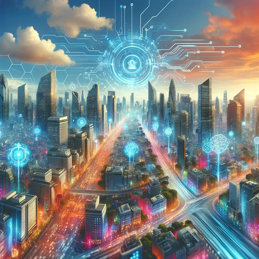 Illustration of a vibrant, futuristic cityscape integrated with digital networks and artificial intelligence elements, symbolizing the advanced world of digital entrepreneurship with a tech-forward aesthetic.