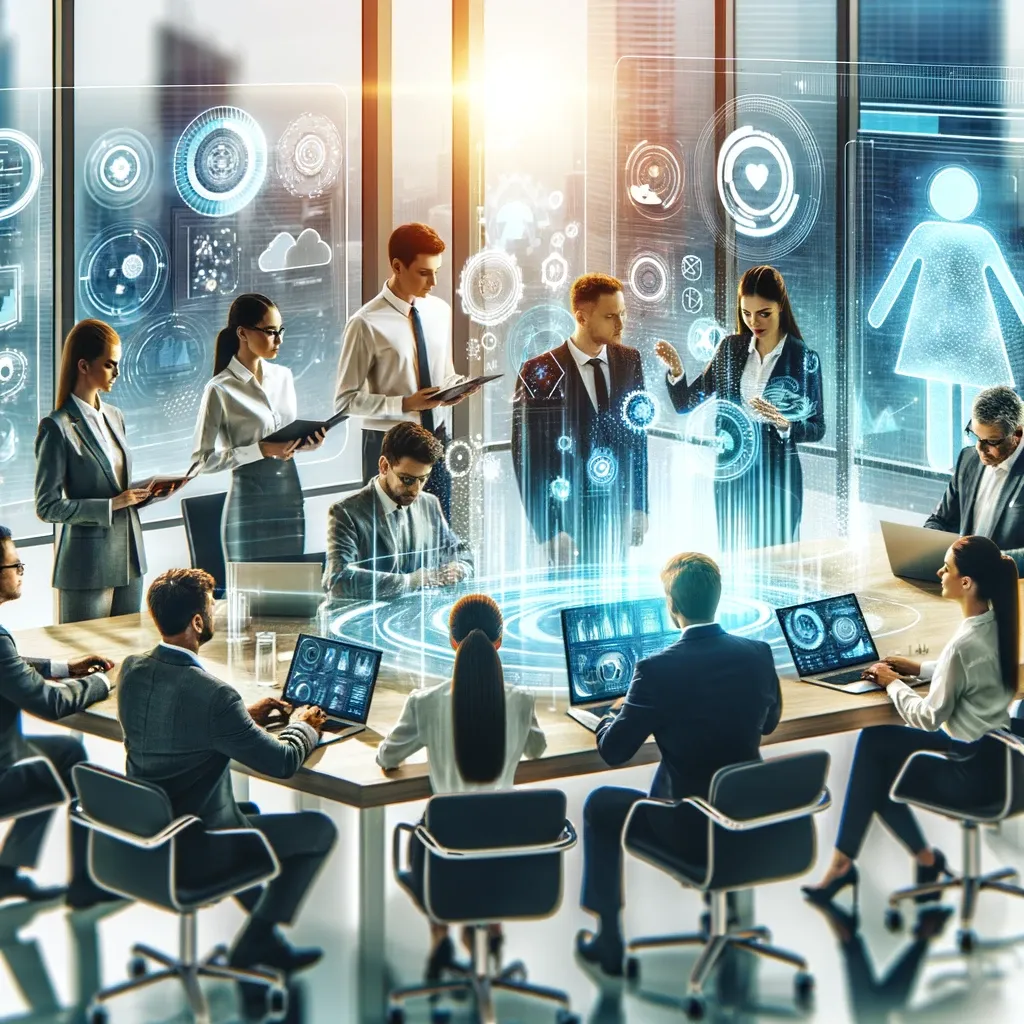 A captivating digital painting of business professionals engaging with innovative AI tools at a holographic table, symbolizing teamwork and the practical use of AI in enhancing business operations.