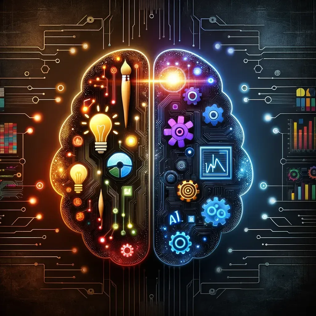 A captivating representation of the blend between creativity and analytics in AI marketing: An abstract digital brain, half aglow with symbols of creativity and the other half adorned with analytical icons, embodying the harmonious union of art and science.