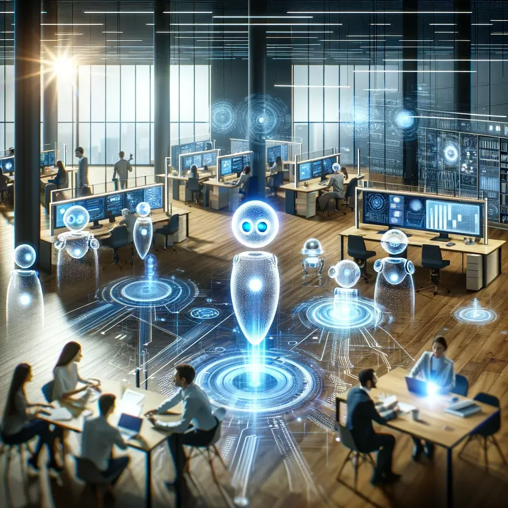 A futuristic office scene where human employees collaborate with holographic digital assistant bots, showcasing a blend of technology and creativity in a dynamic and light-filled workspace.