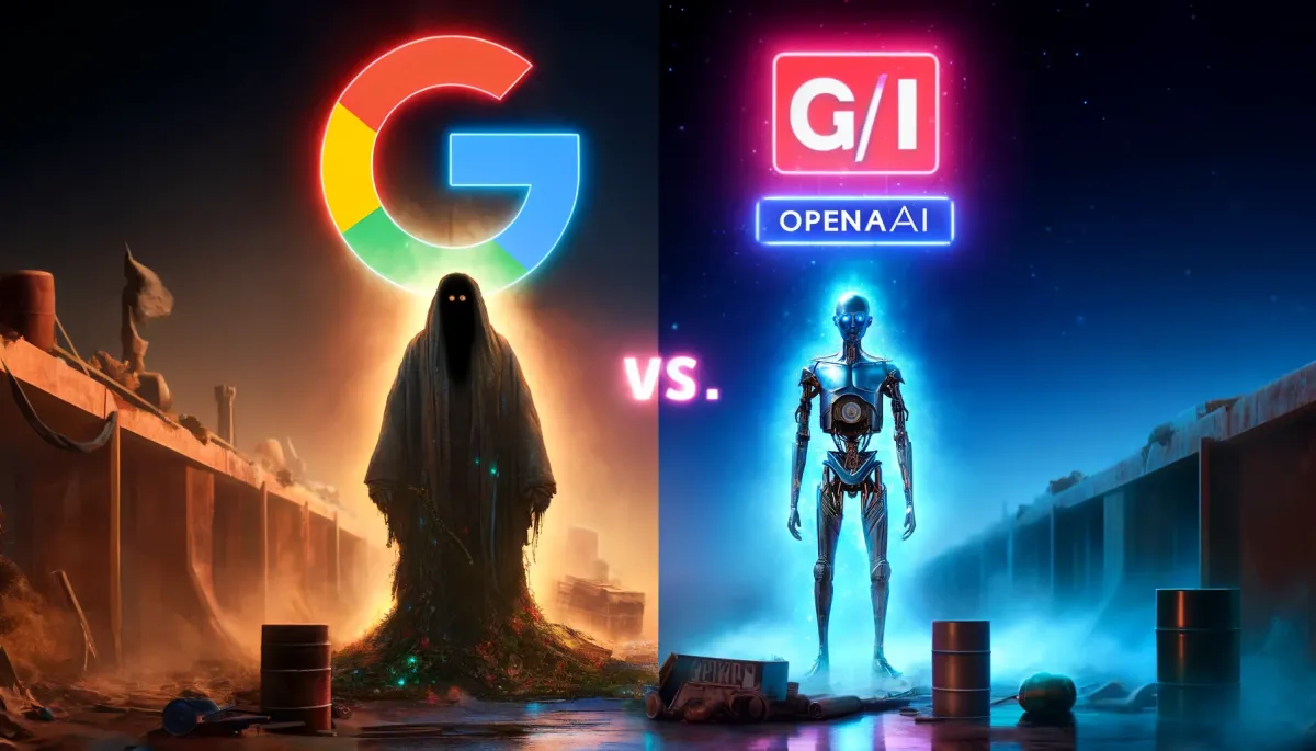 "A dramatic showdown between Google I/O 2024 and OpenAI's GPT-4o. Google's logo is shown with a stagnant, unimpressive display, while GPT-4o is depicted with vibrant, futuristic glowing AI features. The scene conveys an intense, competitive atmosphere.”