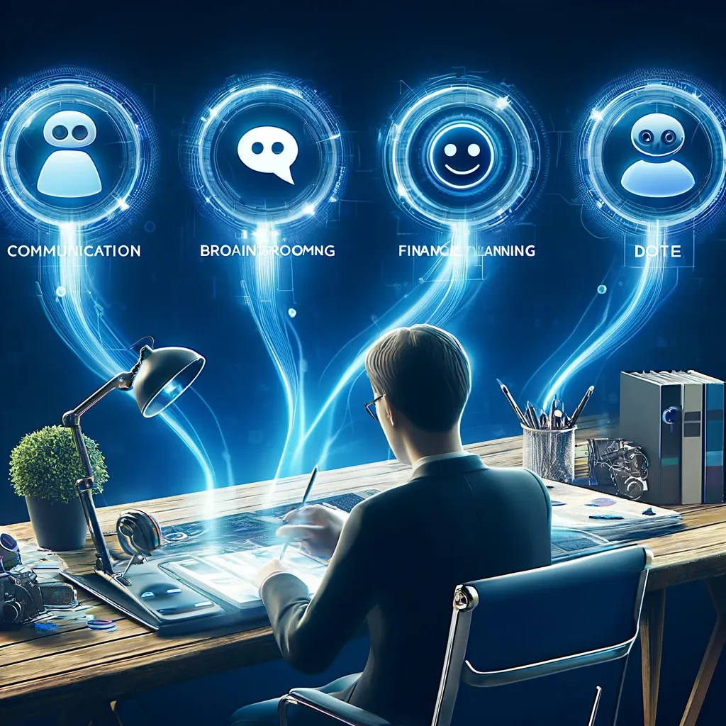 A creative professional looking inspired and productive, surrounded by digital assistant bots assisting with messaging, idea generation, financial analysis, and note-taking, in a futuristic setting.