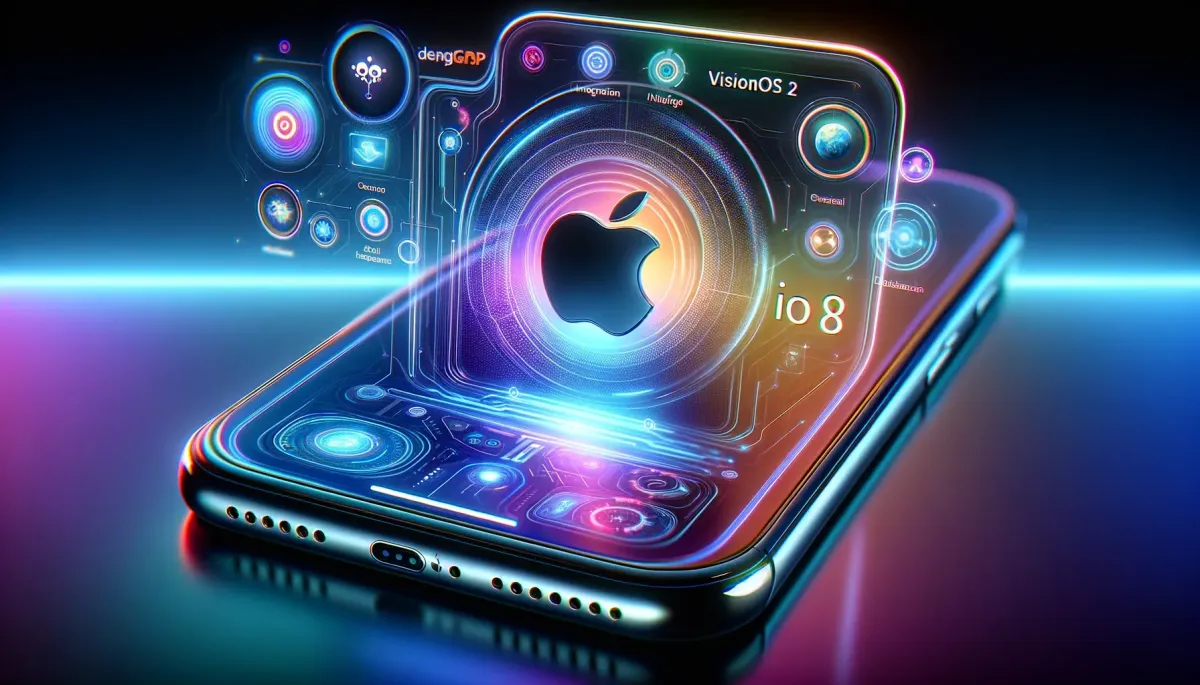 A futuristic Apple device with a holographic interface displaying AI-powered features like ChatGPT integration, VisionOS 2, and iOS 18. The background blends Apple and OpenAI logos, symbolizing their partnership in a vibrant, high-tech scene.