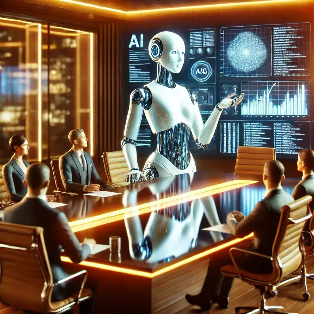 "A futuristic AI figure leading a business meeting, gesturing toward a digital screen filled with data and code. Human professionals sit around the conference table, symbolizing AI’s role as a senior team member guiding problem-solving tasks.”