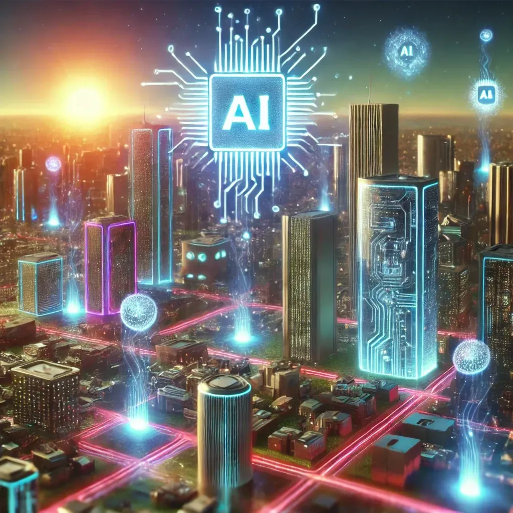 "Futuristic cityscape with glowing neon skyscrapers shaped like computer chips and circuits, representing the Intelligence Age. Hovering AI orbs emit data streams, while a digital sun rises over the horizon, symbolizing the dawn of a new technological era.”