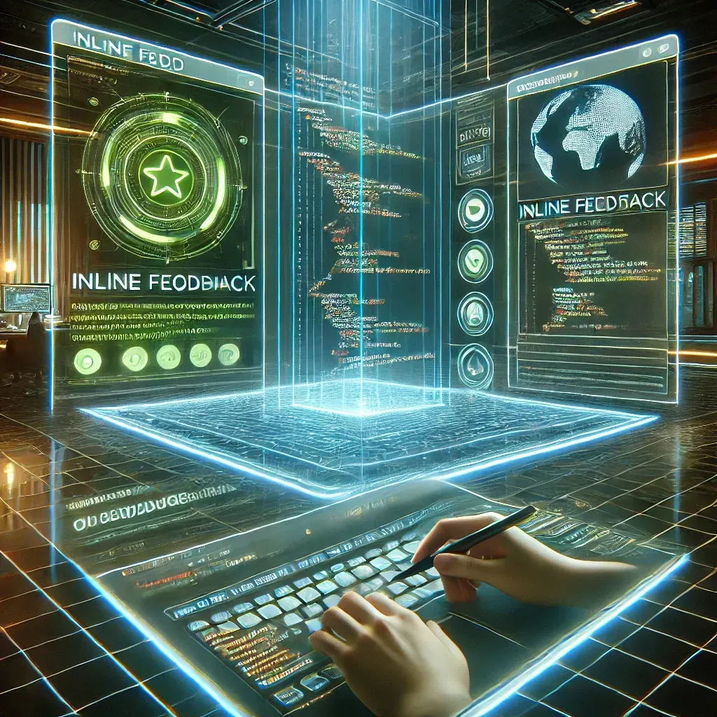 "A modern digital workspace interface featuring a split screen between a coding interface and document editing. The screen displays inline feedback with green and yellow highlights, and a user actively making edits, set against a clean, muted background.”