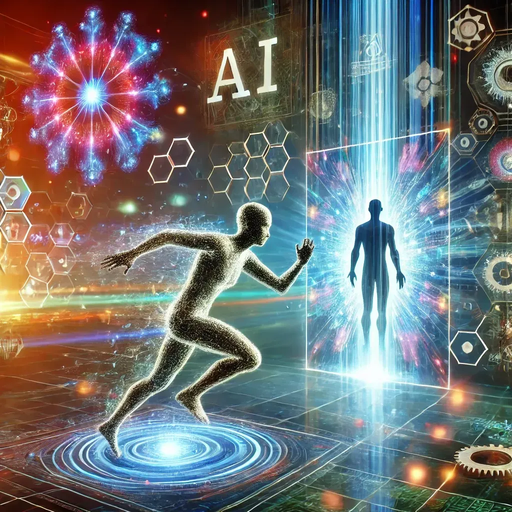 A person attempting to break through a transparent digital wall, with AI-related icons like gears and neural networks floating beyond, symbolizing overcoming hesitation to engage with AI.