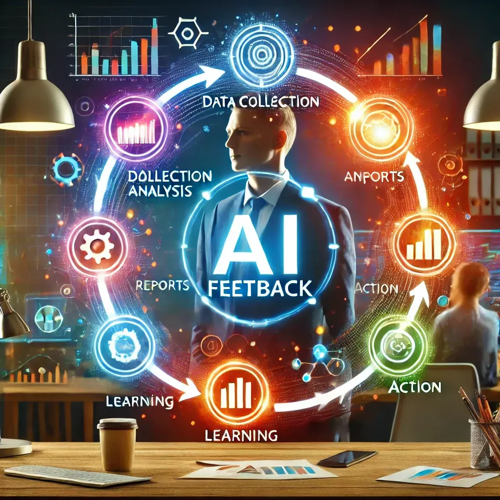 Circular diagram showcasing the stages of an AI feedback loop—data collection, analysis, reports, learning, and action. A small business owner stands confidently in the background, surrounded by visuals symbolizing growth and success.