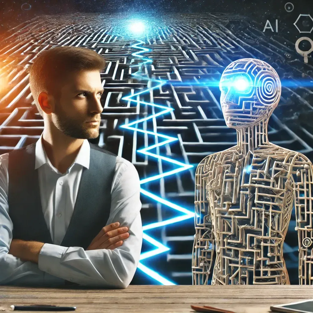 A creative professional looking determined while facing a large maze, with an AI hologram beside them projecting a lighted path through the maze. The background symbolizes creative obstacles turning into opportunities, depicting resilience and ingenuity.