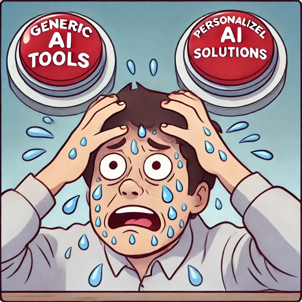 A cartoon character sweating while trying to decide between two red buttons. One button is labeled 'Generic AI tools,' and the other says 'Personalized AI solutions,' depicting the difficulty leaders face in choosing the right tools.