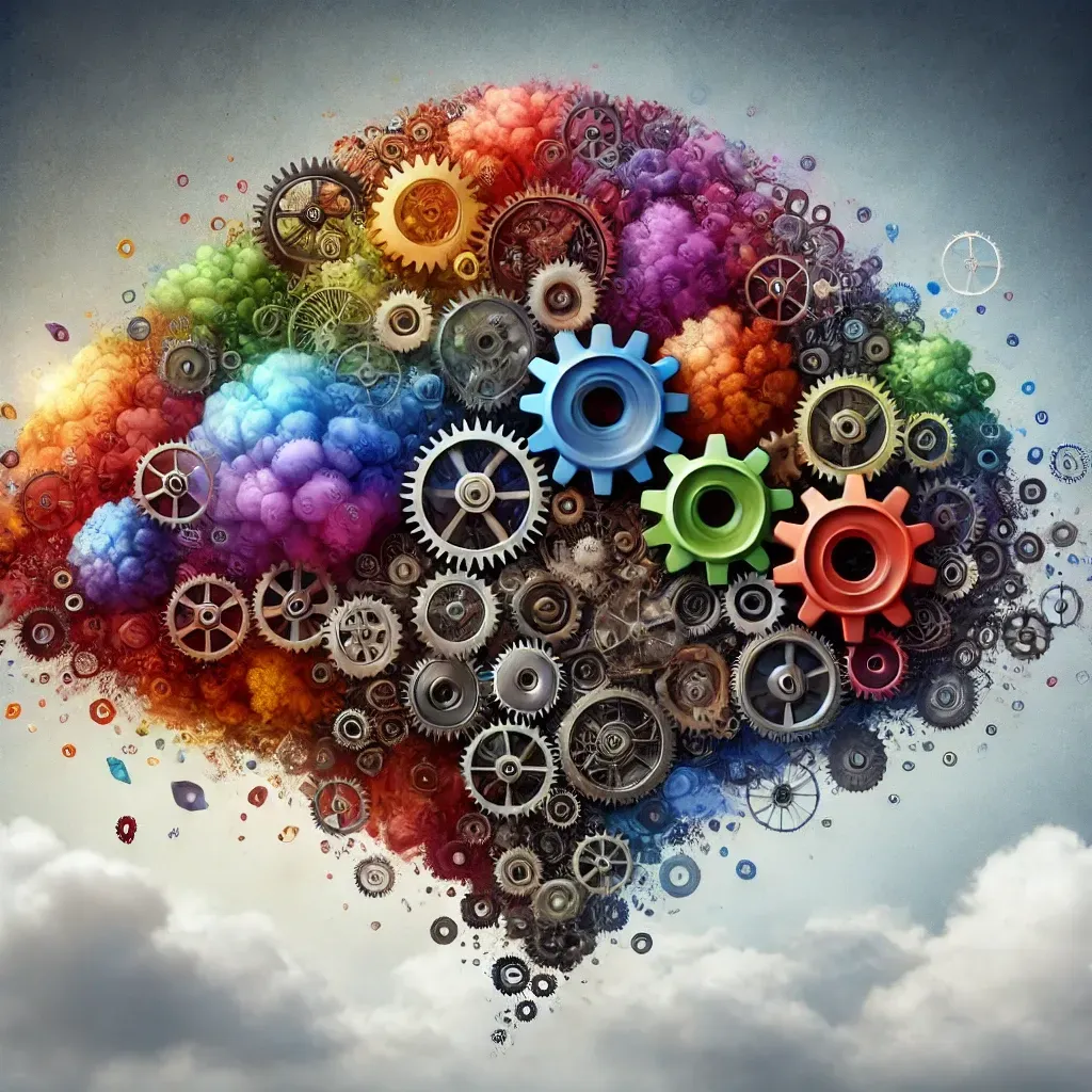 A visual transformation from a chaotic cloud of colorful, fragmented ideas into organized gears, representing the transition from confusion to clarity through structured thinking.